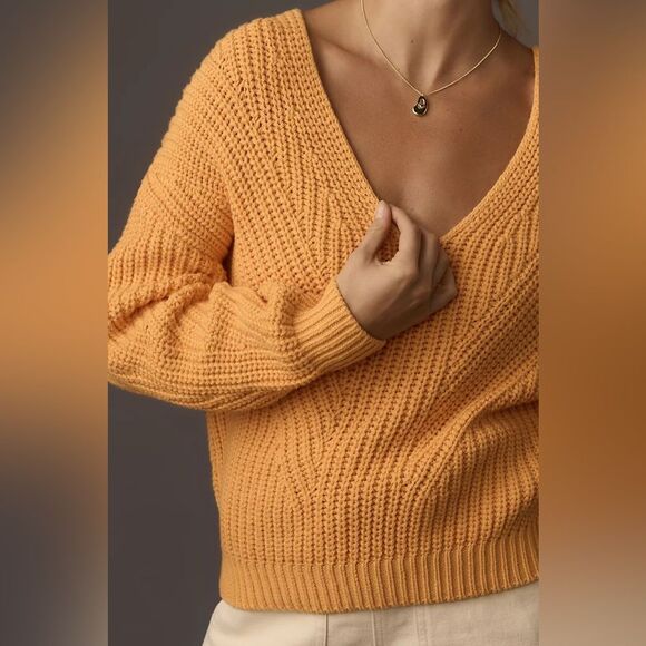 Maeve by Anthropologie Womens V-Neck Sculptured Pullover Sweater in Orange Small - Picture 3 of 7